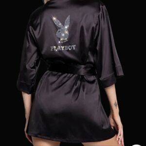 Playboy Sparkling Rhinestone Black Satin Bunny Robe M